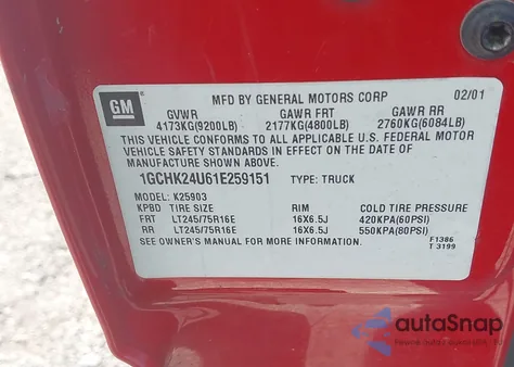 2001 Chevrolet Silverado 2500Hd from USA, damaged, VIN 1GCHK24U61E259151